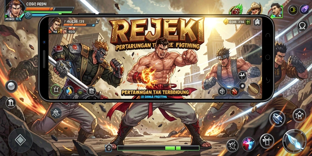 Screenshot utama REJEKI menampilkan aksi pertarungan yang intens.