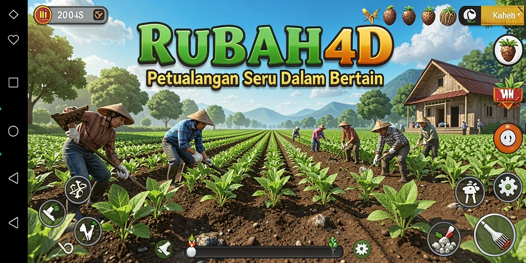 Screenshot gameplay menampilkan petani mengelola ladang dengan tanaman subur.