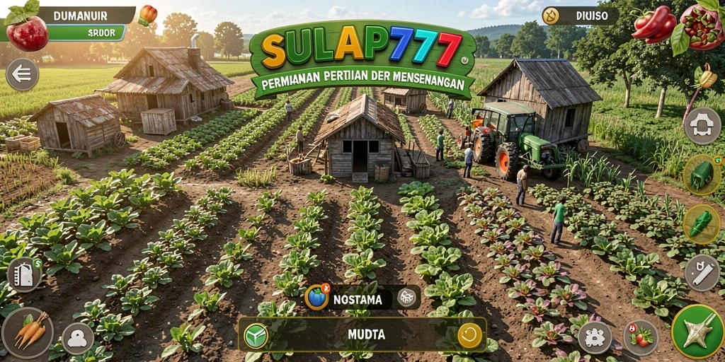 Tampilan gameplay SULAP777 dengan berbagai tanaman dan hewan ternak.
