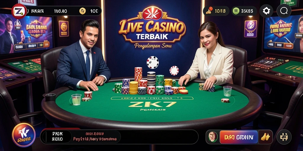 Screenshot ZK7 menunjukkan dealer langsung dalam permainan Live Casino yang mendebarkan.